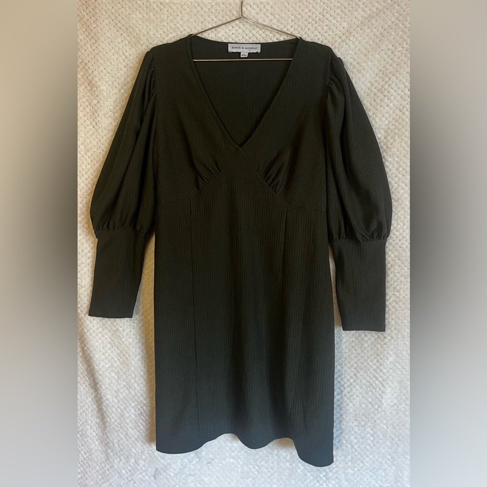 Emma & Michele Shift Dress Dark Green Long Sleeve V-neckline Elegant Size Large